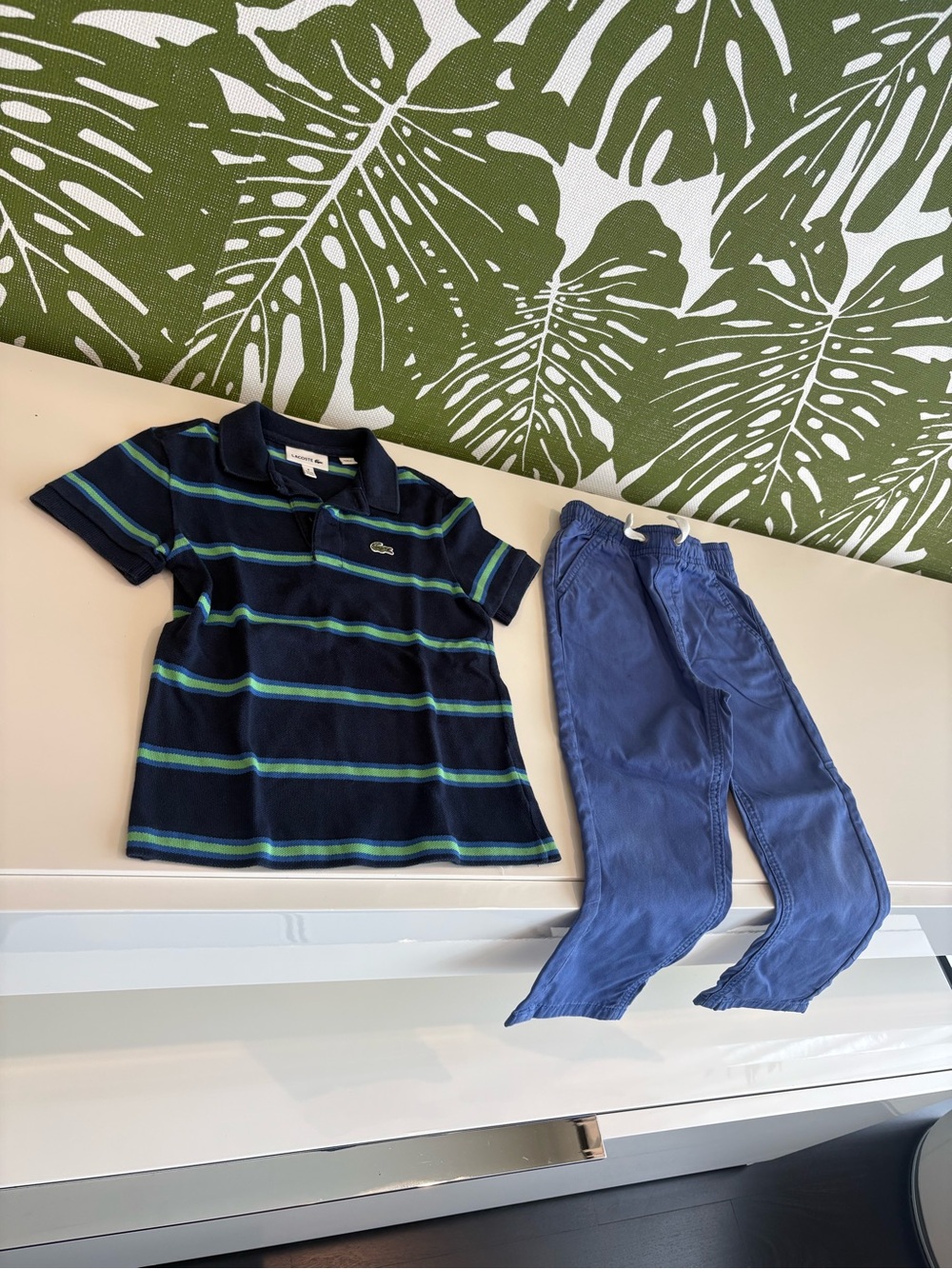 Lacoste Navy Polo with Teal & Light Blue Stripes and Blue Pants Set